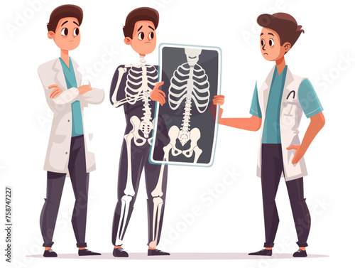  A doctor in scrubs examines an X-ray with a concerned expression another doctor standing beside them for consultation. 