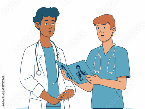  A doctor in scrubs examines an X-ray with a concerned expression another doctor standing beside them for consultation. 