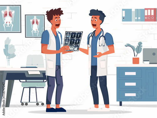 A doctor in scrubs examines an X-ray with a concerned expression another doctor standing beside them for consultation. 