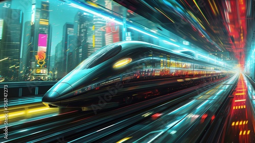 Pociąg przemierzający nowoczesne miasto nocą, poruszający się po torach z oświetleniem neonowym. W tle wieżowce i drapacze chmur
