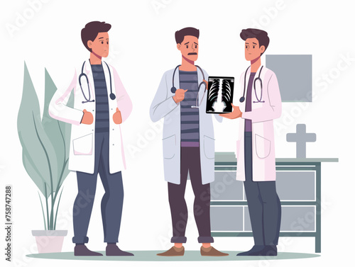  A doctor in scrubs examines an X-ray with a concerned expression another doctor standing beside them for consultation. 