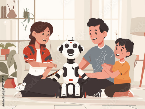  A family interacts with a robotic pet at home enjoying companionship and entertainment from the advanced AI-powered companion. 