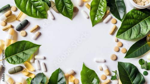 Assorted nutritional supplements and pills laid out among fresh green leaves on white background, natural health concept, copy space
