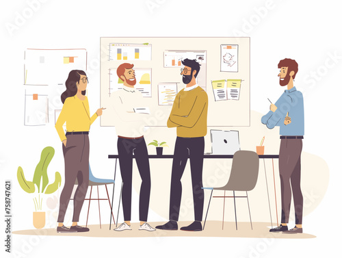  A group of developers in a modern office space participate in a daily stand-up meeting updating each other on their progress and identifying potential roadblocks. 