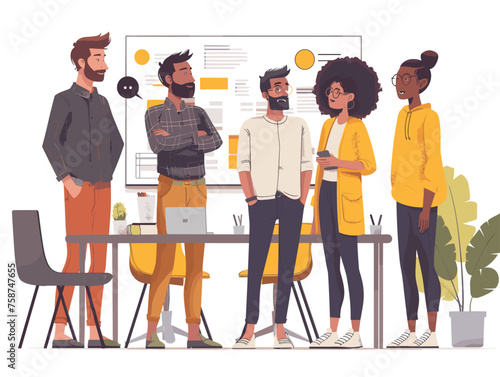  A group of developers in a modern office space participate in a daily stand-up meeting updating each other on their progress and identifying potential roadblocks. 