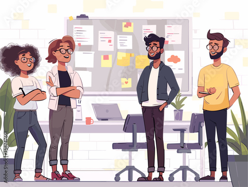  A group of developers in a modern office space participate in a daily stand-up meeting updating each other on their progress and identifying potential roadblocks. 