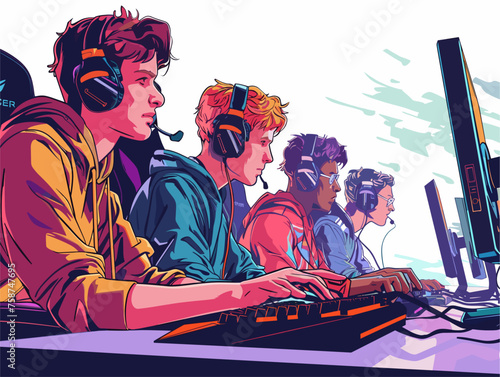  A group of gamers intensely competes in an online multiplayer tournament their eyes glued to the screen and fingers flying across keyboards and controllers. 