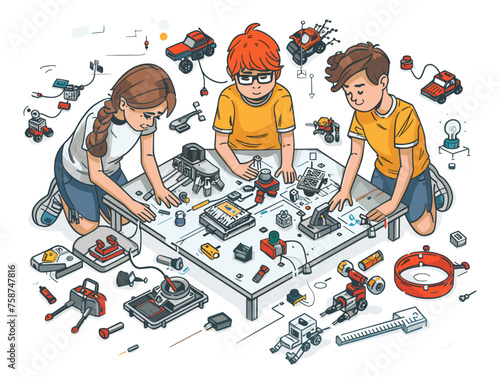  A group of students build and program miniature robots during a robotics workshop learning the fundamentals of robot design and control systems. 