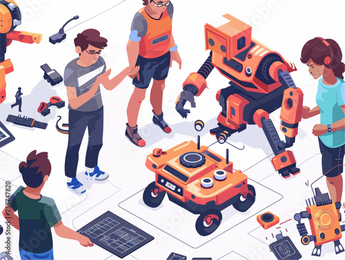  A group of students build and program miniature robots during a robotics workshop learning the fundamentals of robot design and control systems. 