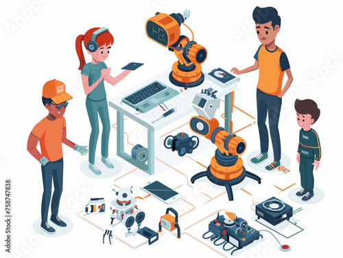  A group of students build and program miniature robots during a robotics workshop learning the fundamentals of robot design and control systems. 