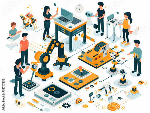  A group of students build and program miniature robots during a robotics workshop learning the fundamentals of robot design and control systems. 