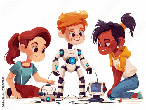  A group of students build and program miniature robots during a robotics workshop learning the fundamentals of robot design and control systems. 