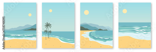 Set of landscapes of paradise beaches. Beautiful sandy beaches with palm trees, sea with waves and mountains in the background on a sunny day. Vertical editable vector illustration for print.