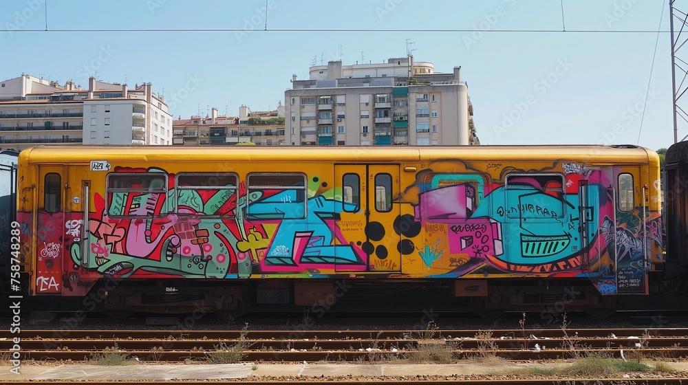 Żółty pociąg pokryty abstrakcyjnym graffiti na boku, poruszający się po torach. W tle bloki. - obrazy, fototapety, plakaty 
