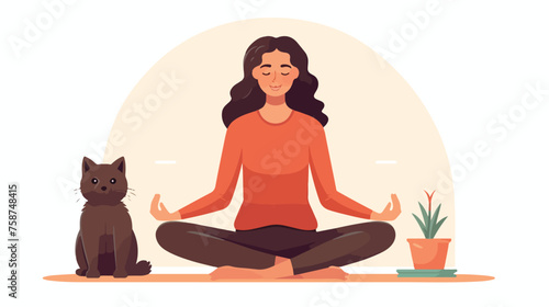 Extended puppy pose. Woman doing Yoga with cat flat
