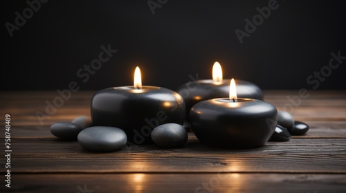 Zen harmony and meditation concept with candles and black stones on wooden background