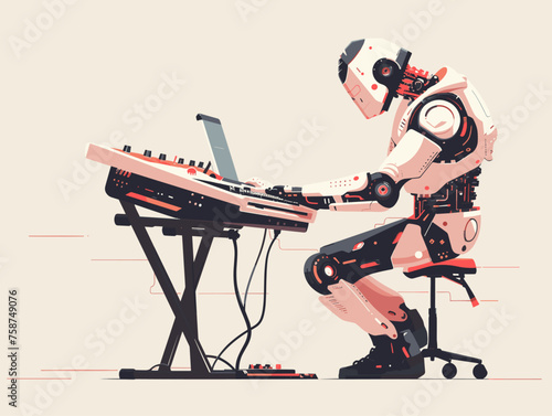  A musician composes music with the assistance of a robotic AI utilizing its algorithms to generate innovative melodies and harmonize with the artist's creative vision. 