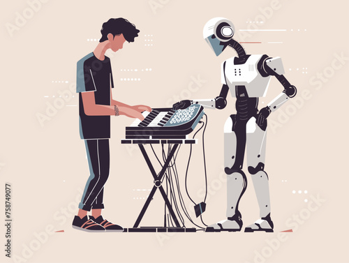  A musician composes music with the assistance of a robotic AI utilizing its algorithms to generate innovative melodies and harmonize with the artist's creative vision. 