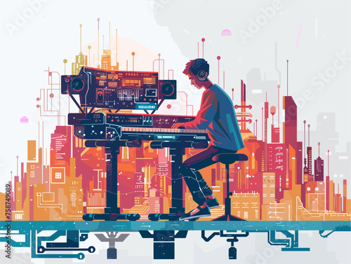  A musician composes music with the assistance of a robotic AI utilizing its algorithms to generate innovative melodies and harmonize with the artist's creative vision. 