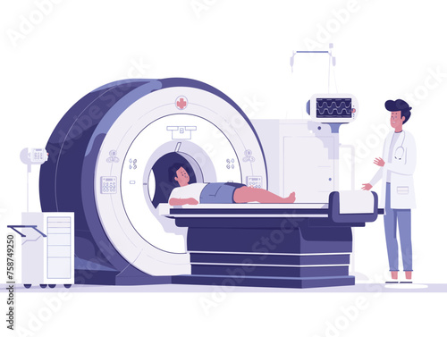  A patient undergoes an MRI scan lying still inside a machine while technicians monitor the process. 