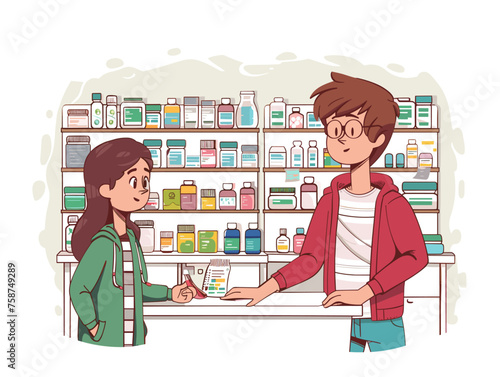  A pharmacist counsels a teenager on the responsible use of over-the-counter medication emphasizing safety and proper dosage. 