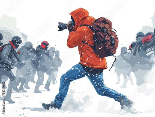  A photojournalist shields their camera from tear gas documenting the chaos of a street clash between protestors and police. 