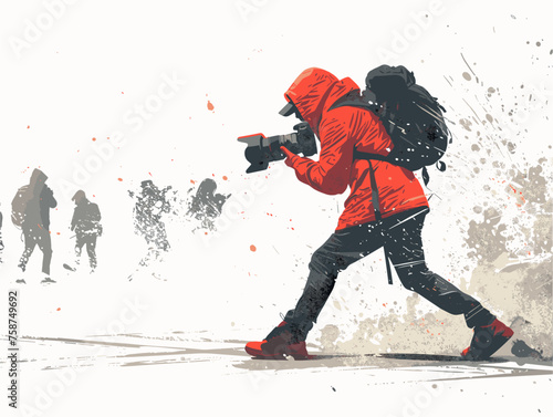  A photojournalist shields their camera from tear gas documenting the chaos of a street clash between protestors and police. 