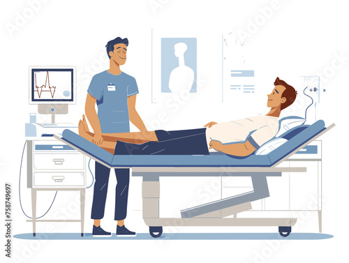  A physical therapist uses ultrasound therapy on a patient's injured muscle promoting healing and pain relief. 