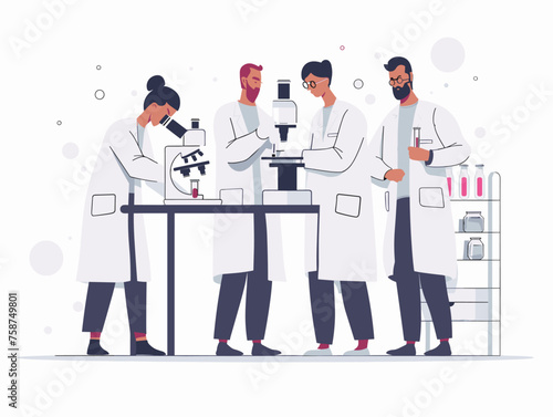  A research team in lab coats analyzes blood samples under a microscope searching for potential disease markers. 