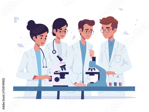  A research team in lab coats analyzes blood samples under a microscope searching for potential disease markers. 