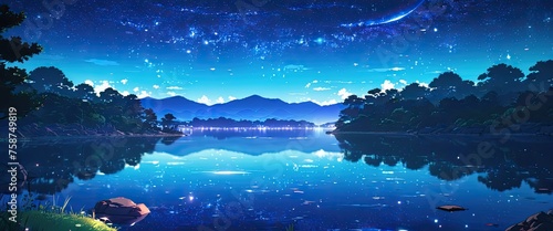 illustration of a lake at night with beautiful stars