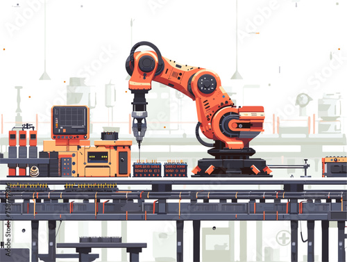  A robotic arm assembles intricate electronics on a production line working with high precision and speed to meet manufacturing demands. 