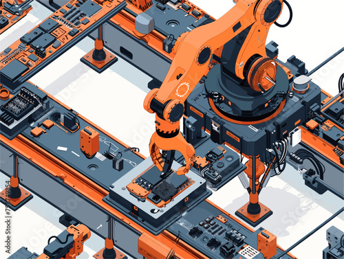 A robotic arm assembles intricate electronics on a production line working with high precision and speed to meet manufacturing demands. 