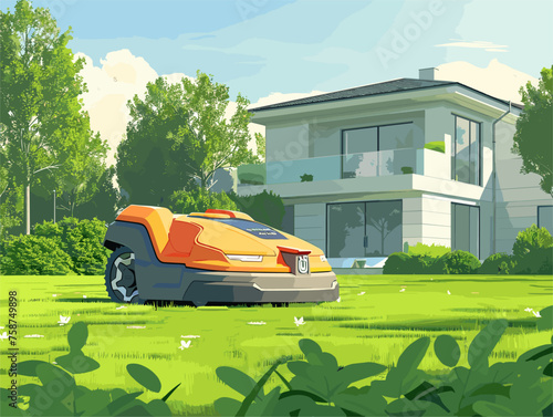  A robotic lawnmower navigates a yard autonomously maintaining a clean and well-manicured lawn without manual intervention. 