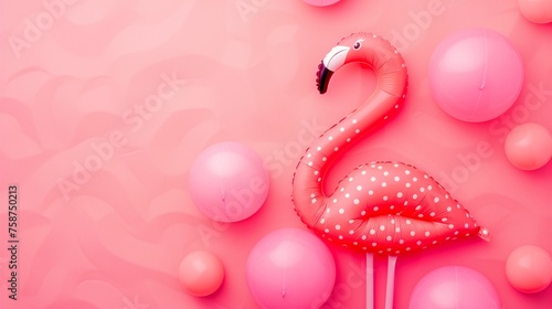 an inflated pink flamingo with a polka dot pattern and balloons on a pink background. Background with a bird for a children's party.