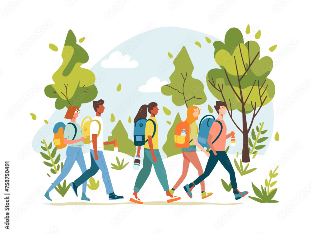 A support group walks a scenic trail in nature combining physical activity with emotional support. A support group walks a scenic trail in nature combining physical activity with emotional support.