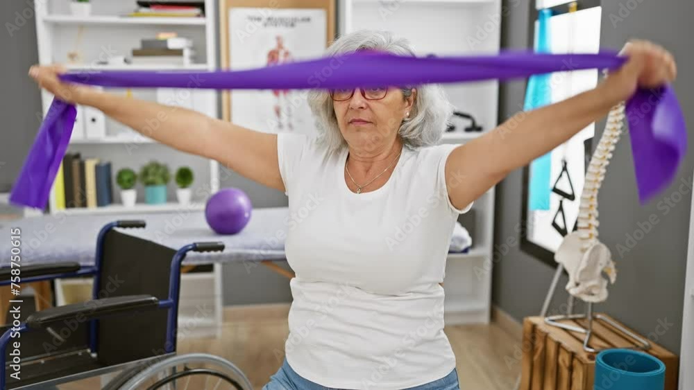 A mature woman exercises with resistance bands in a physiotherapy clinic, showcasing healthcare and rehabilitation. A mature woman exercises with resistance bands in a physiotherapy clinic, showcasing healthcare and rehabilitation.