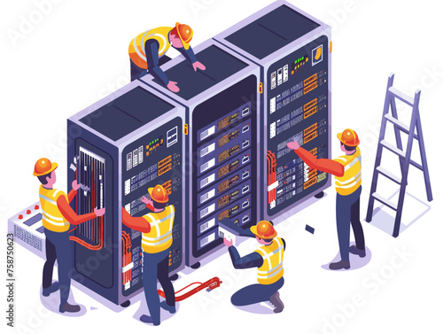  A team of IT professionals sets up a new server room carefully installing and configuring equipment to ensure optimal performance. 