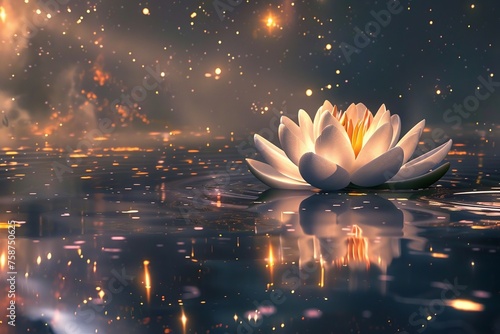 A Sacred Lotus elegantly floating as Saturns rings casting serene reflections in the cosmic water