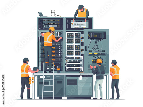  A team of IT professionals sets up a new server room carefully installing and configuring equipment to ensure optimal performance. 