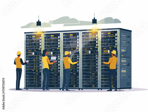  A team of IT professionals sets up a new server room carefully installing and configuring equipment to ensure optimal performance. 