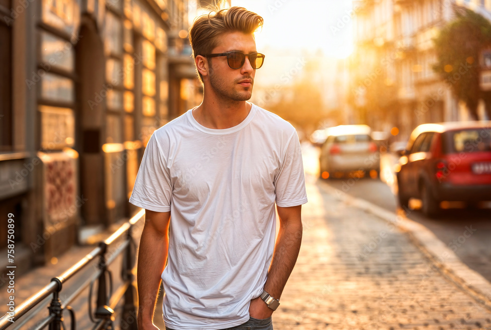 Stylish young man walking in urban sunset Stylish young man walking in urban sunset