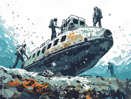  A team of underwater explorers pilot a remotely operated vehicle (ROV) deep within the ocean exploring shipwrecks and capturing footage of marine life. 