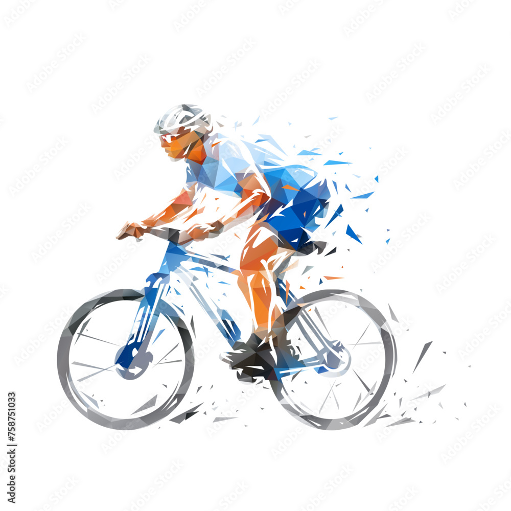 Fototapeta premium Mountain bike racing, man riding mountain bike, low poly isolated vector illustration. Mountain cycling