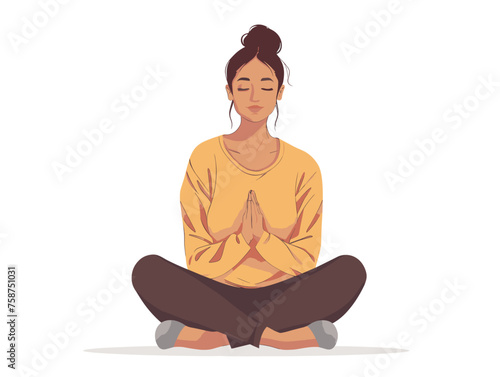  A young woman meditates in a quiet corner focusing on clearing her mind and achieving inner peace. 