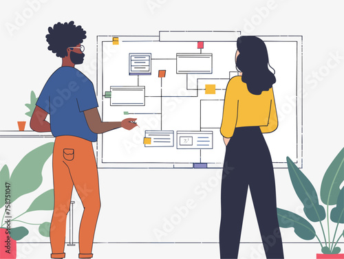  Two colleagues huddle around a whiteboard sketching out a complex flow chart to map the user experience of a new software program. 