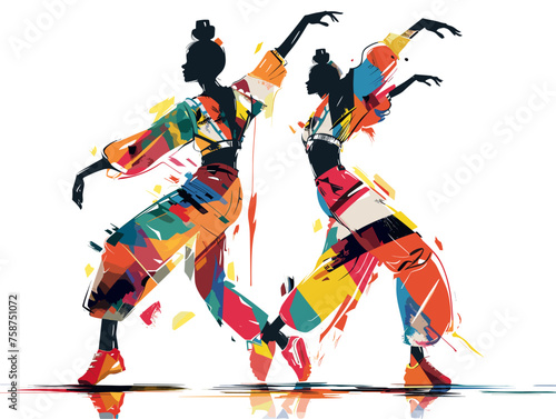  Two models mirroring each other's movements perform a synchronized dance for a fashion campaign shoot. 