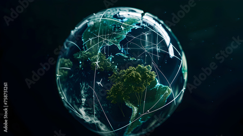 A semi - transparent globe with visible eco - friendly symbols, like trees and wind turbines, overlaid with holographic tech lines, against a deep black background.