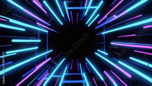 Wallpaper Mural Video, abstract background. Neon purple and blue lines on a black background, tunnel. AI generative.

 Torontodigital.ca
