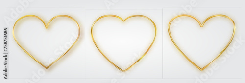 Thin gold heart frame set. Golden realistic heart border. Luxury symbol of love.